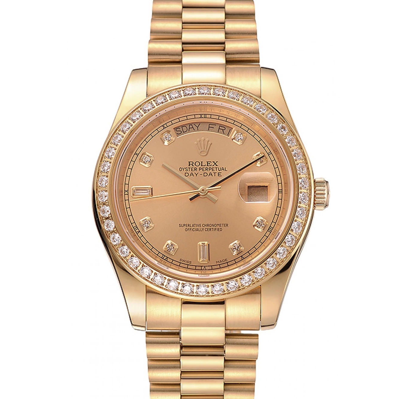Aaa replica watch Dial 1454099 Swiss Bracelet Diamond Day-Date Bezel Gold Champagne Rolex 0730